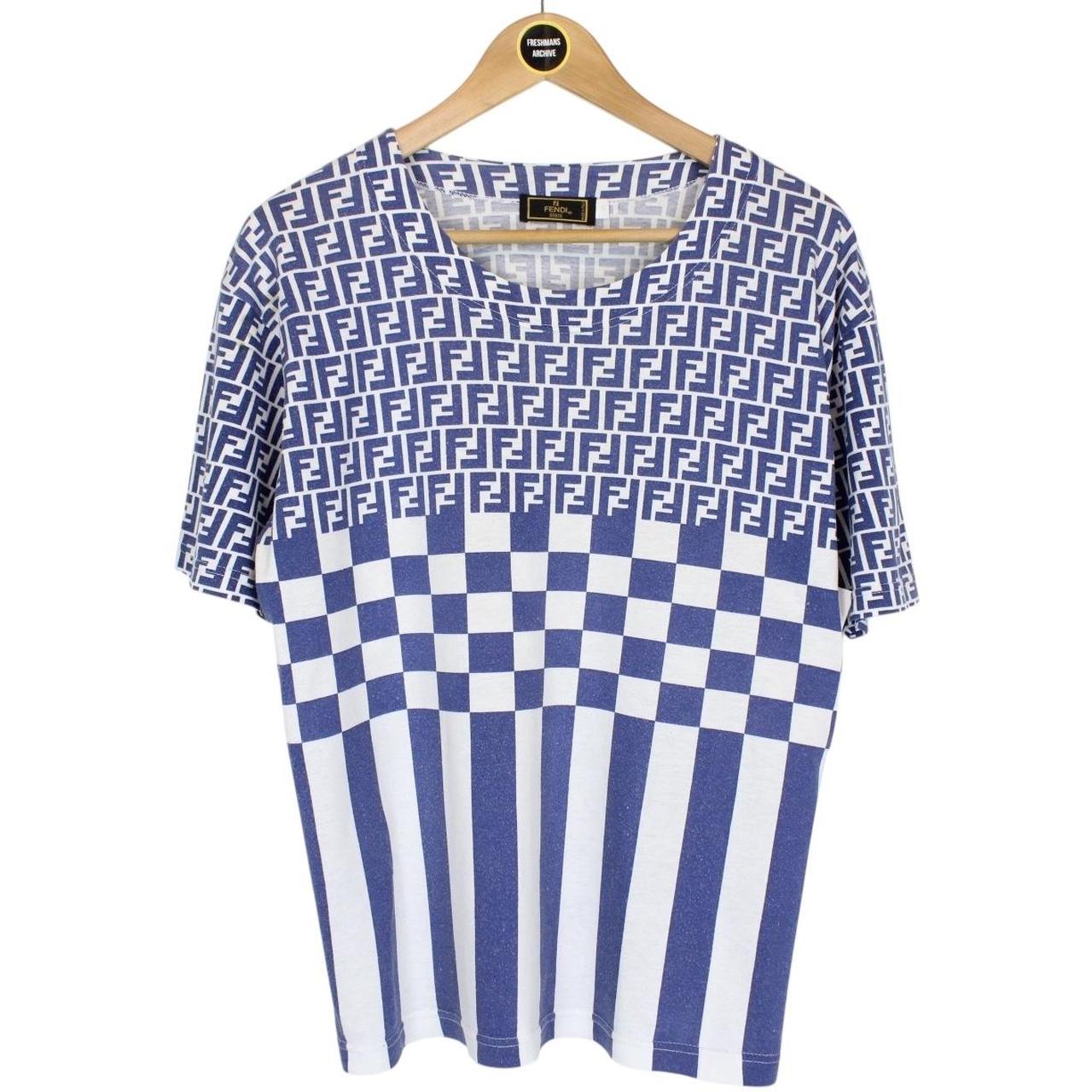 Vintage 90s Fendi Blue and White Zucca Monogram Cotton Short Sleeve T-Shirt