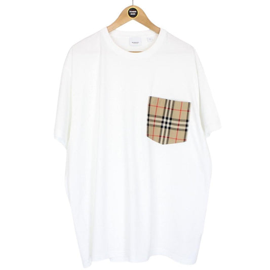 Burberry White and Tan Nova Check Pocket Short Sleeve Cotton T-Shirt