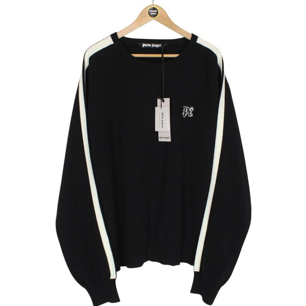 Palm Angels Black and Off White Wool Knit Monogram Track Jumper