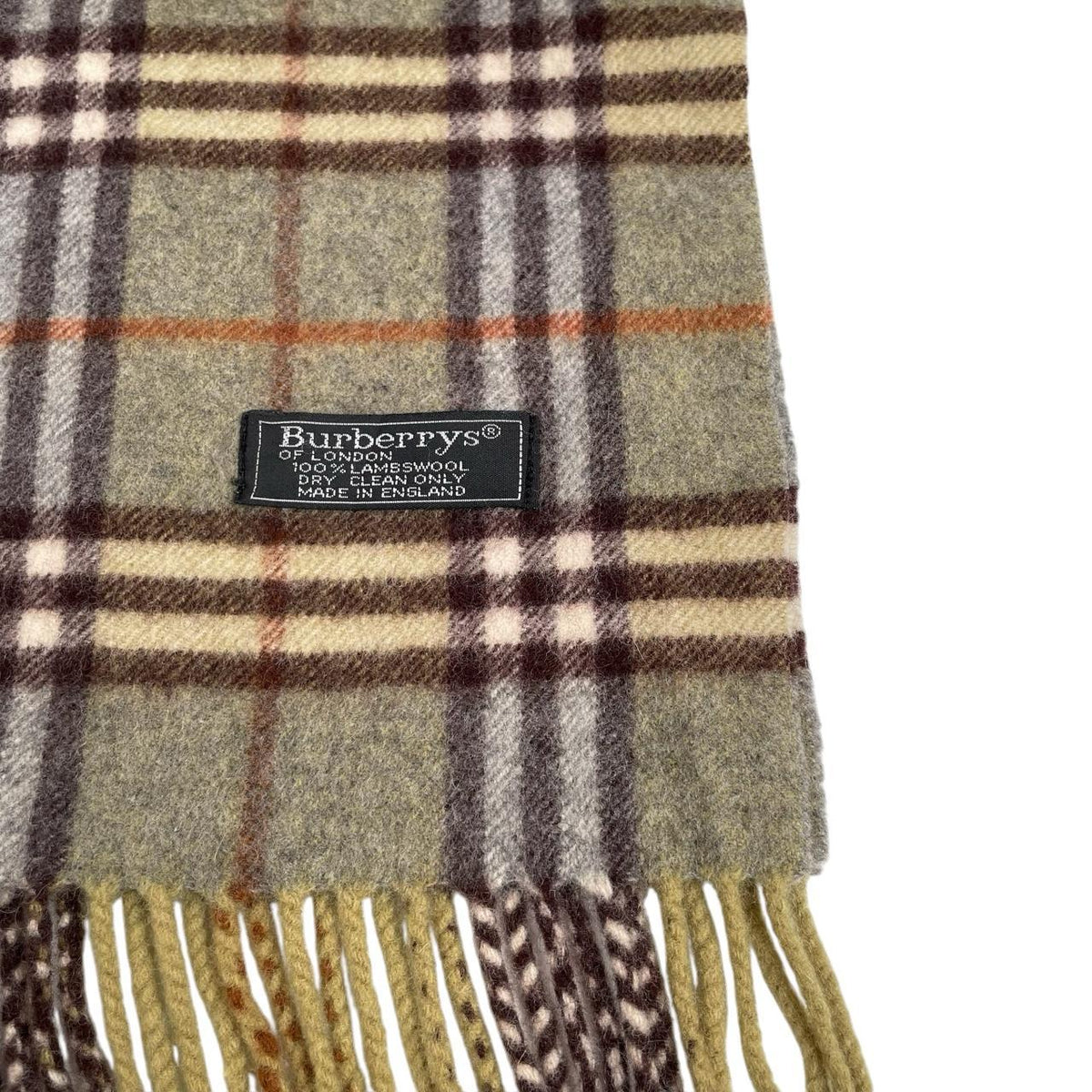 Burberry green lambswool scarf featuring iconic Nova Check pattern.