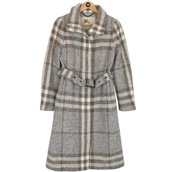 Burberry Grey and Cream Alpaca Wool Nova Check Belted Coat
