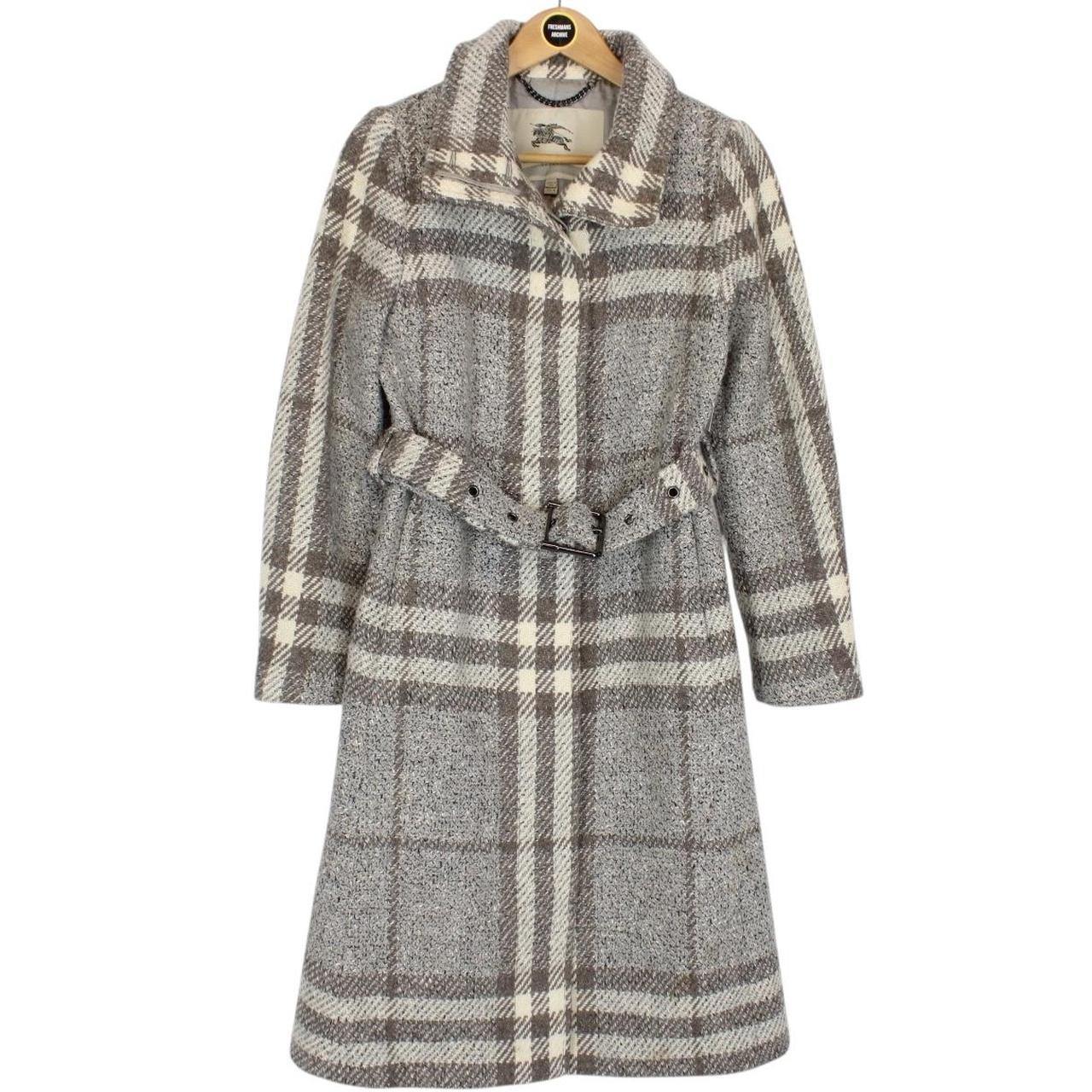 Burberry Grey and Cream Alpaca Wool Nova Check Belted Coat