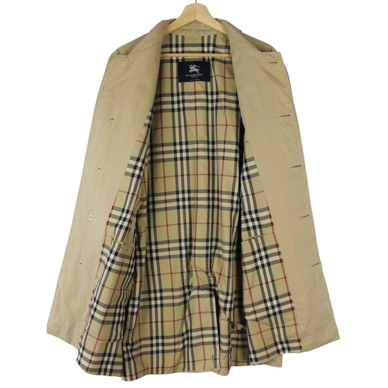 Burberry tan brown single breasted cotton overcoat with logo detail and classic design.