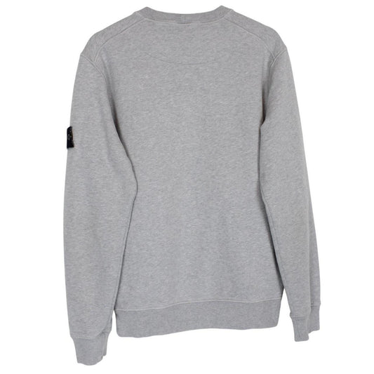 Stone Island grey cotton sweatshirt with logo patch and faint mark on sleeve.