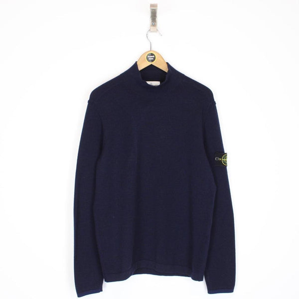 Stone Island Navy Blue Wool Knit Mock Neck Jumper