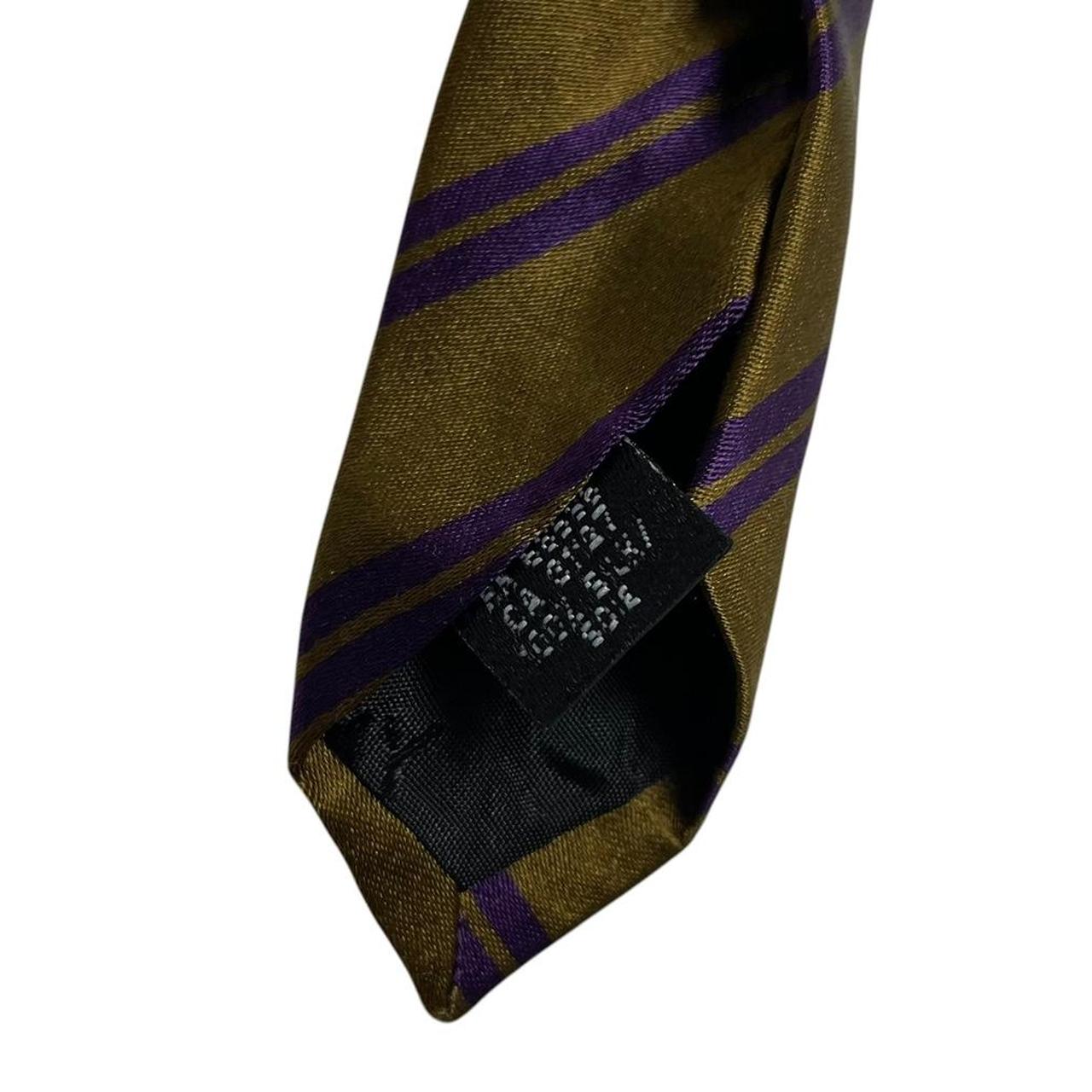DKNY vintage khaki and purple striped silk tie with diagonal stripes and soft sheen.