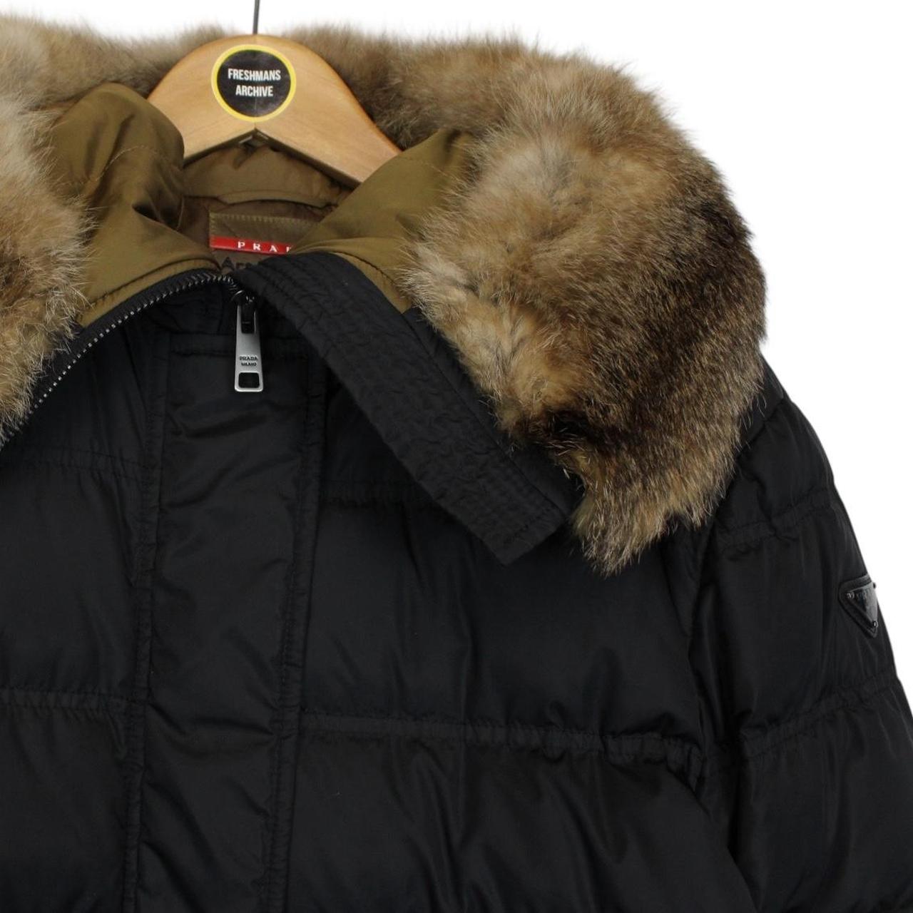 Prada Black Resin Coated Nylon Fox Fur Hood Long Down Jacket