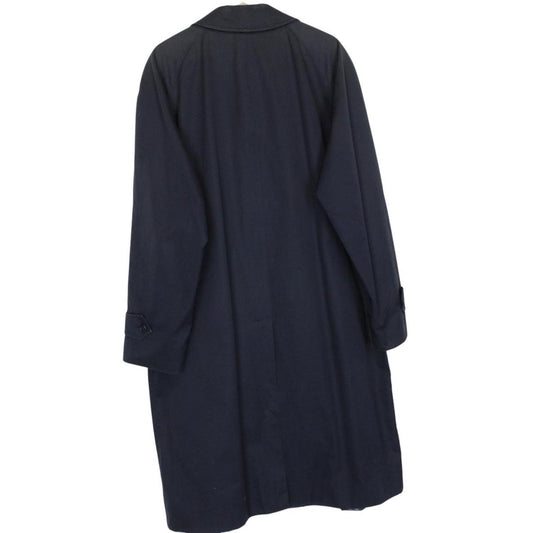 Burberry navy blue trench coat featuring classic Nova Check pattern and single-breasted design.