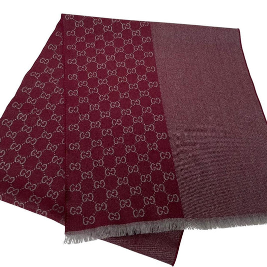 Gucci Burgundy and Grey Half GG Monogram Frayed Wool Scarf