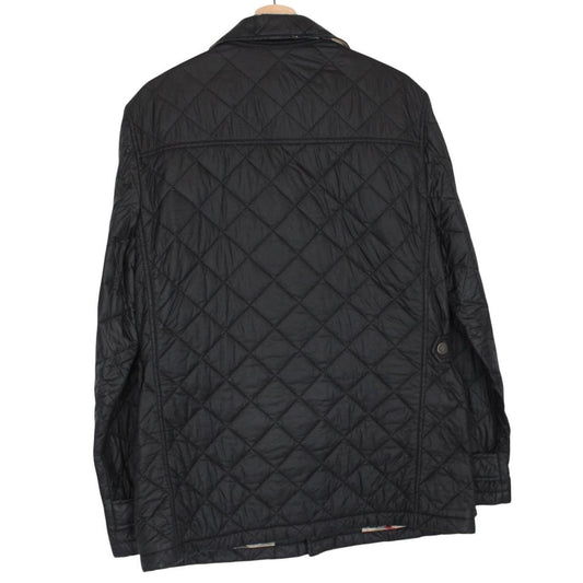 Burberry black quilted field jacket with Nova Check lining and diamond pattern.