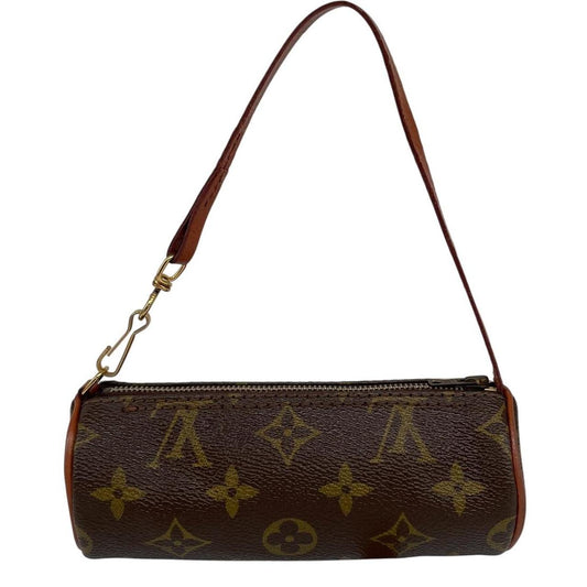 Louis Vuitton brown mini pochette bag with monogram canvas pattern and gold hardware.