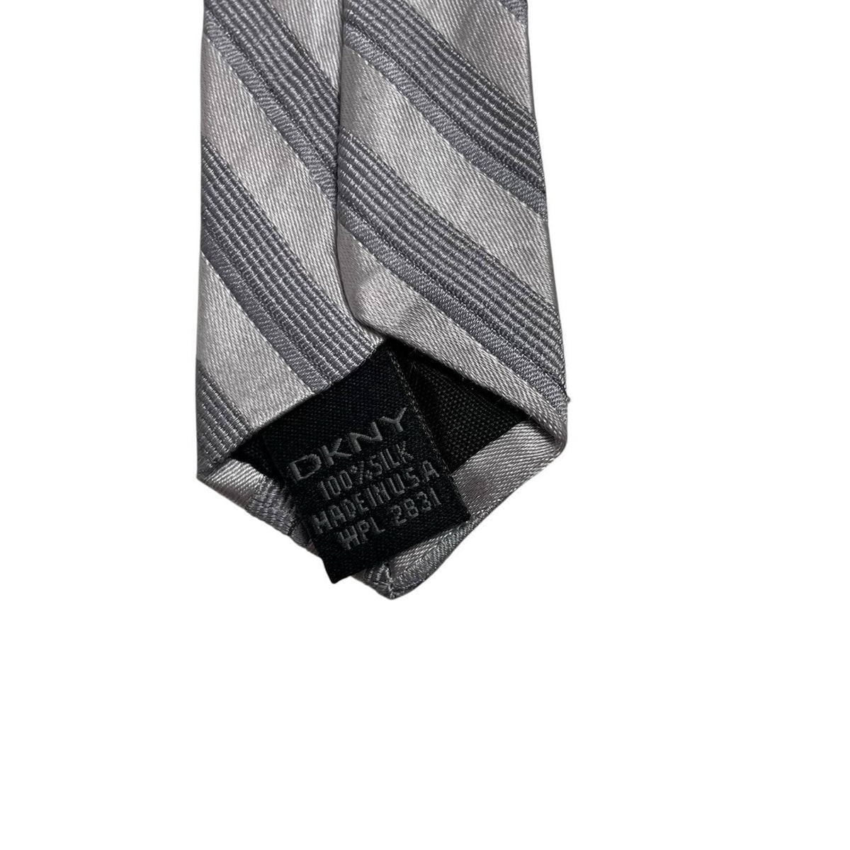 DKNY silver striped silk tie with elegant sheen and vintage design.
