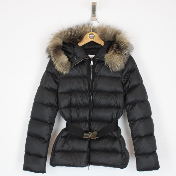 Moncler Tatie Black Fur Hooded Belted Down Puffer Jacket