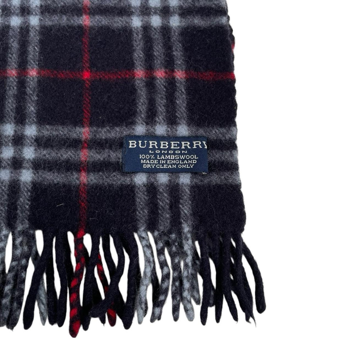 Burberry navy blue lambswool scarf with classic Nova Check pattern.