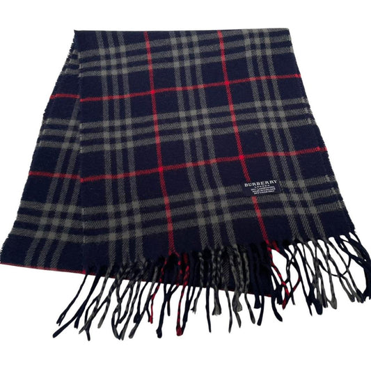 Vintage 90s Burberry Navy Blue Check Lambswool Scarf