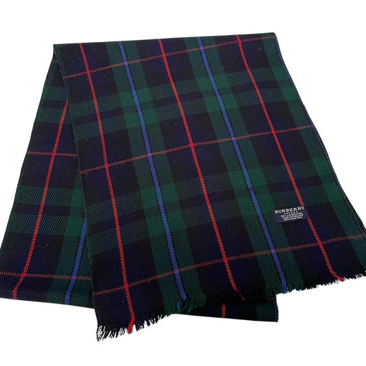 Vintage 90s Burberry Navy Blue and Green Check Lambswool Scarf