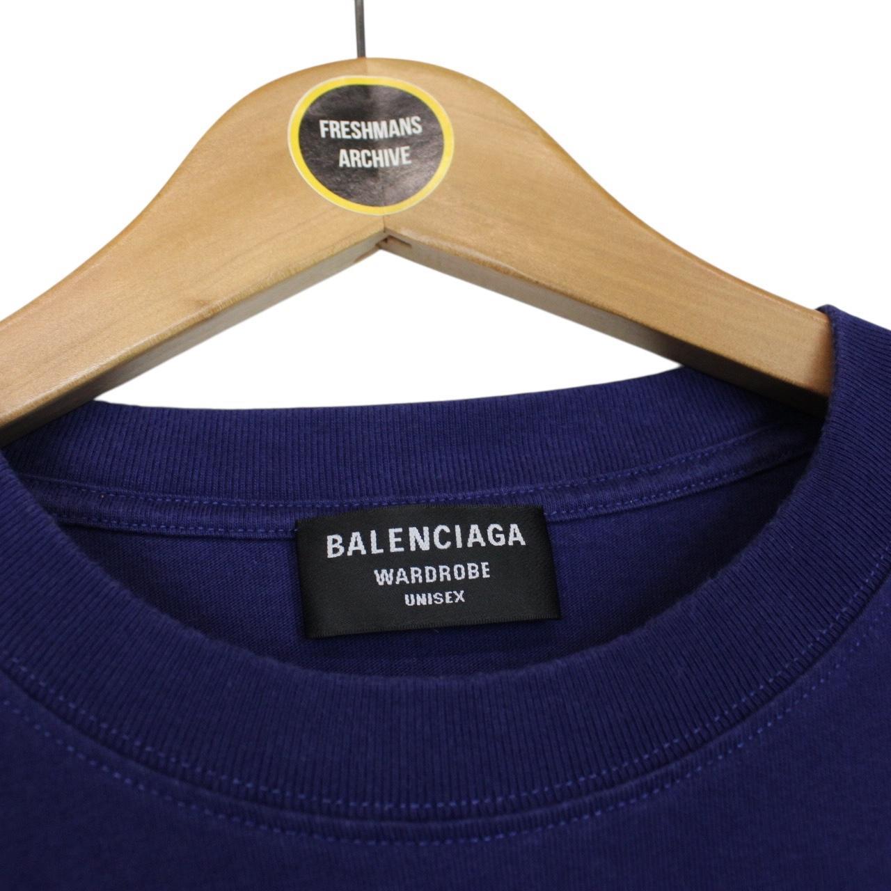 Balenciaga Blue and White Back Logo Short Sleeve Cotton T-Shirt