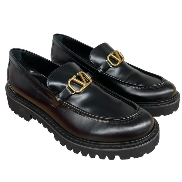 Valentino Garavani Black and Gold VLogo Signature Calfskin Leather Loafers