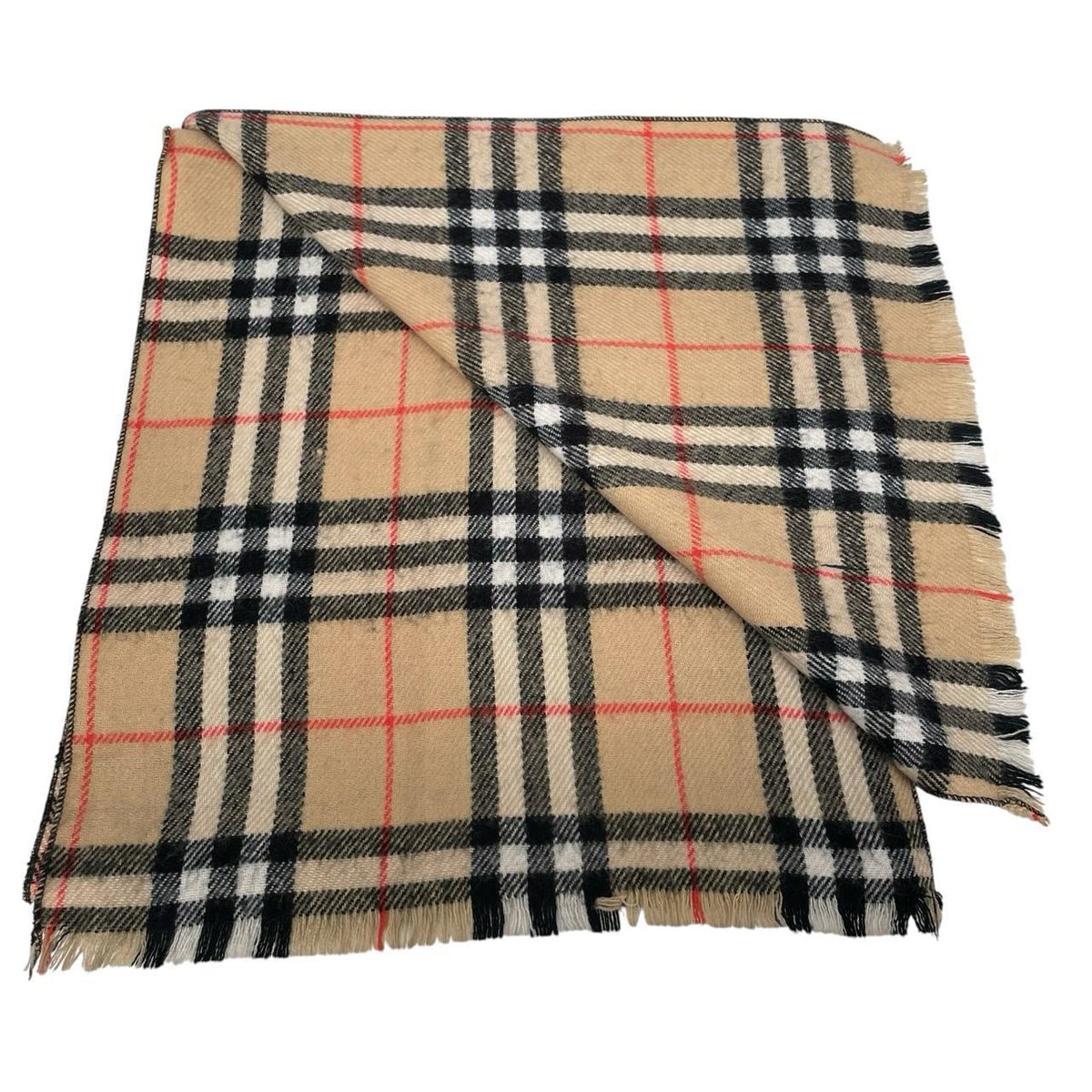 Burberry tan brown lambswool scarf featuring classic Nova Check pattern.
