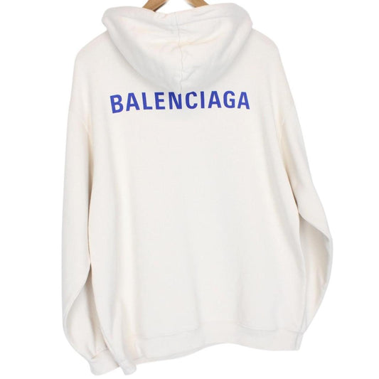 Balenciaga Cream and Blue Logo Print Cotton Hoodie Jumper