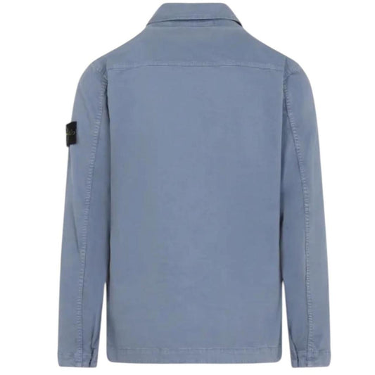 Stone Island blue overshirt jacket with chest pocket, two-way zip, and logo detail.