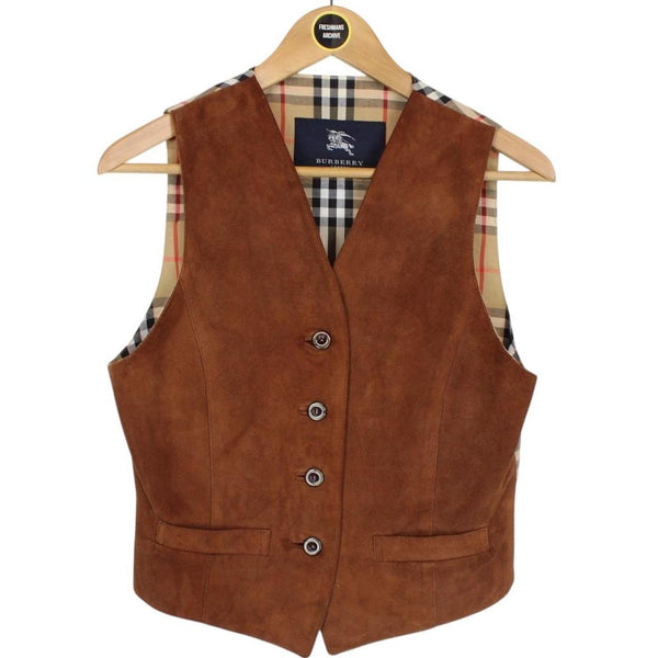 Vintage Burberry London Brown and Tan Nova Check Suede Leather Vest