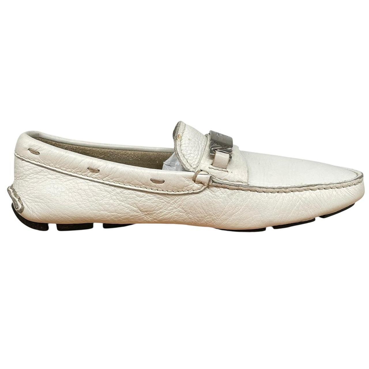 Prada Cream and Silver Logo Pebbled Leather Driving Shoe Loafers