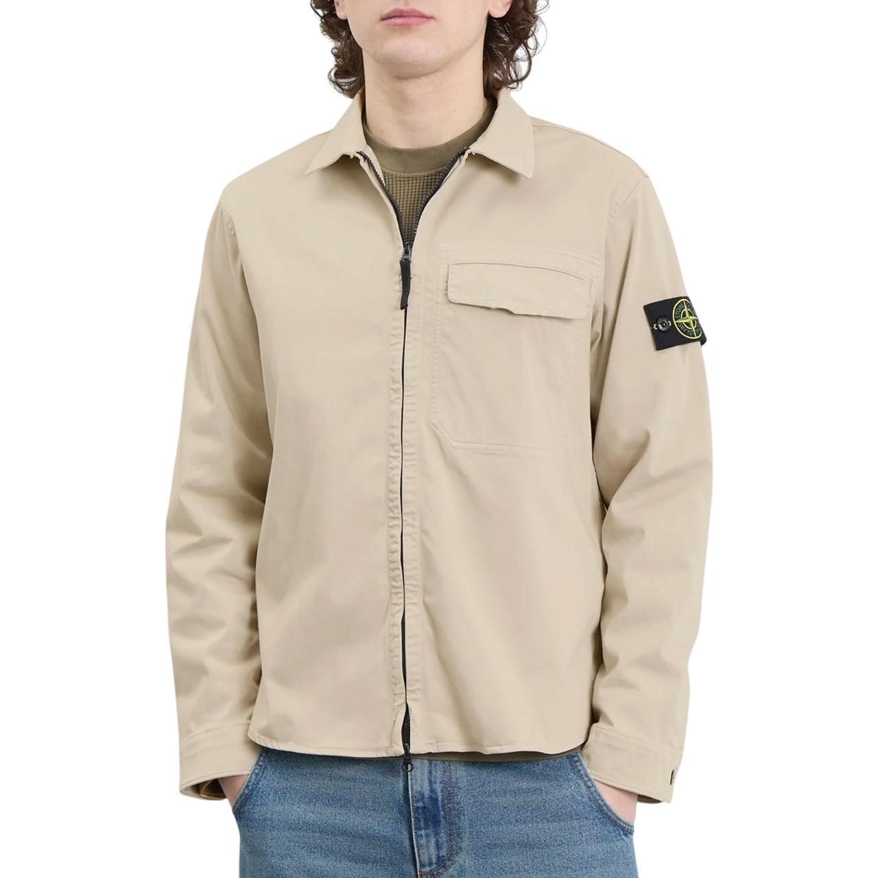 Stone Island beige overshirt jacket with buttoned chest pocket and concealed zipper.