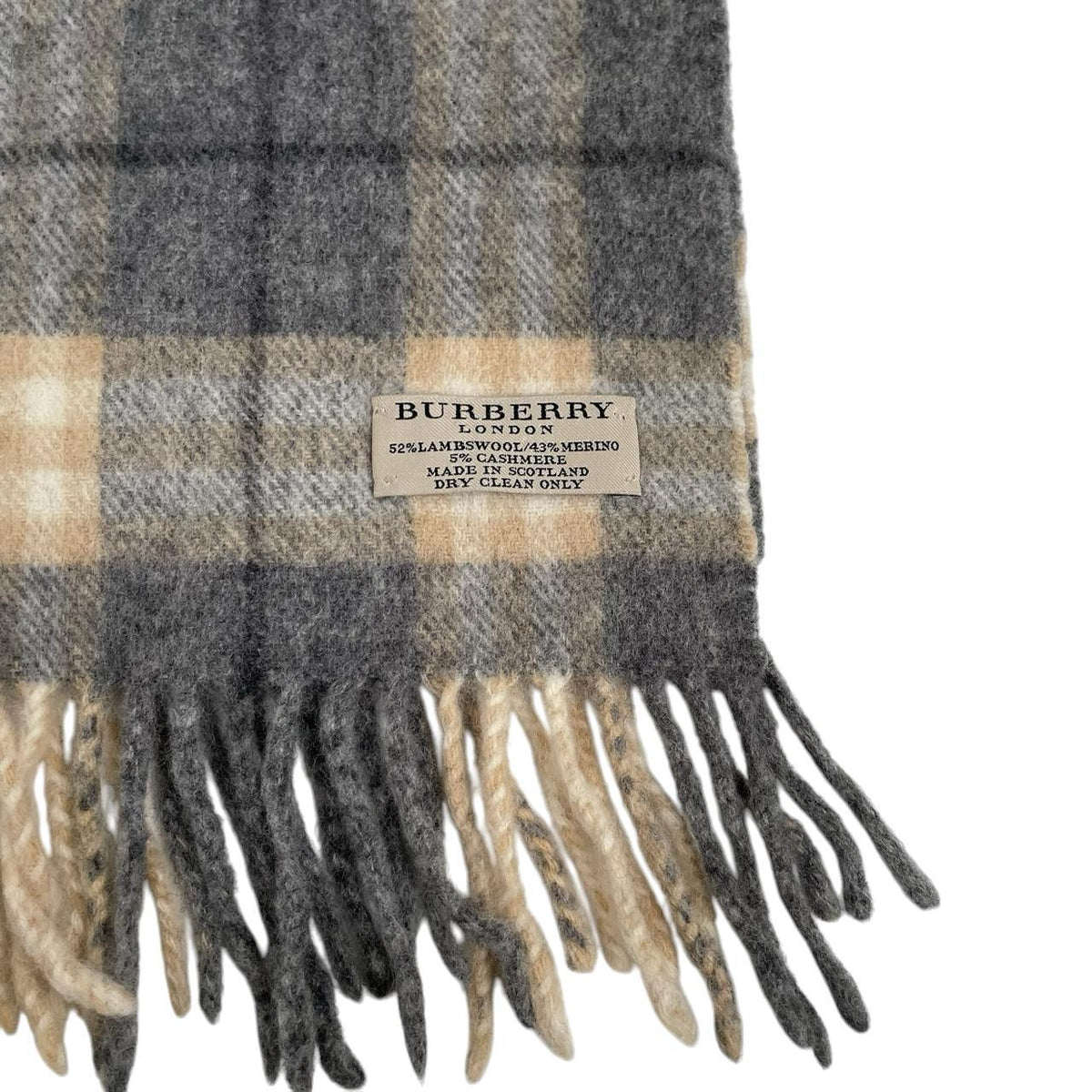 Burberry grey scarf featuring iconic Nova Check pattern in lambswool blend.