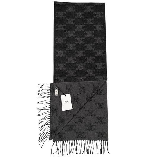 Celine Grey and Black Triomphe Fringed Monogram Cashmere Wool Scarf