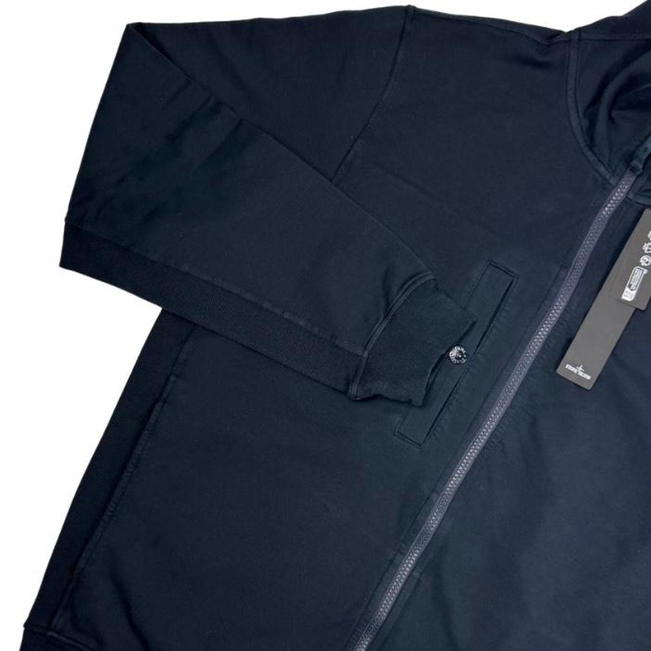 Stone Island navy blue knit full zip jumper with ghost logo and cotton blend material.
