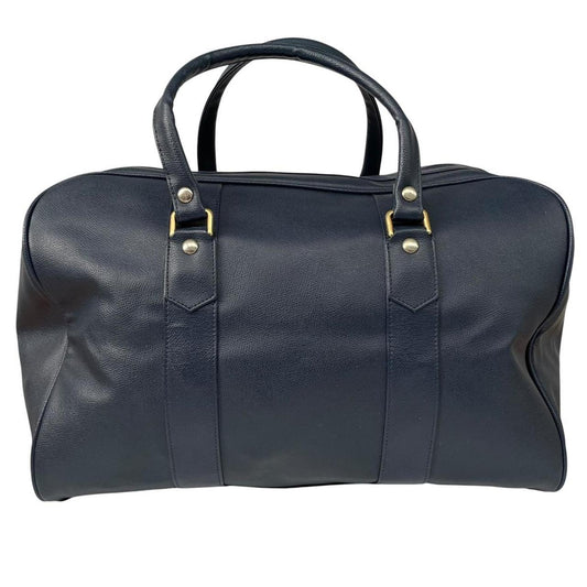 Burberry navy blue duffel bag featuring iconic Nova Check pattern and leather accents.
