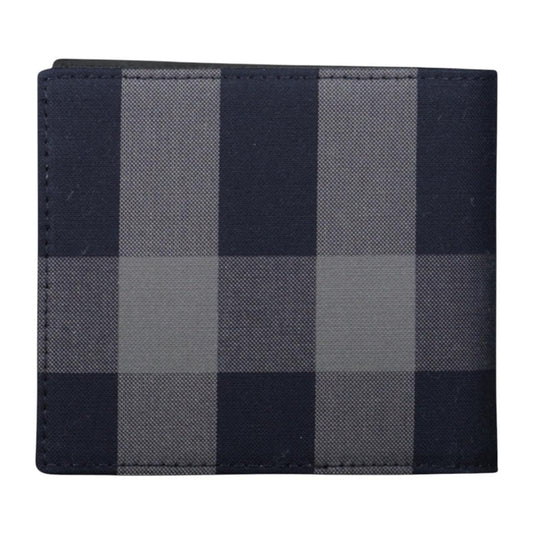 Burberry navy blue bifold wallet featuring iconic Nova Check pattern and logo.