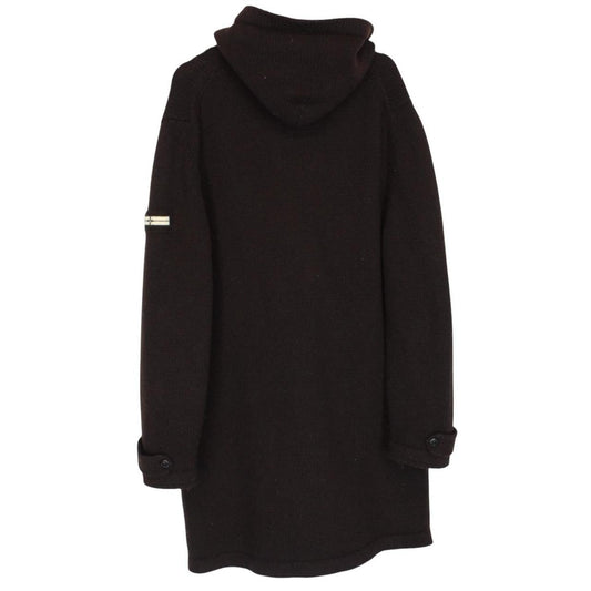 Stone Island brown knit duffle coat with logo patch and wool blend material.