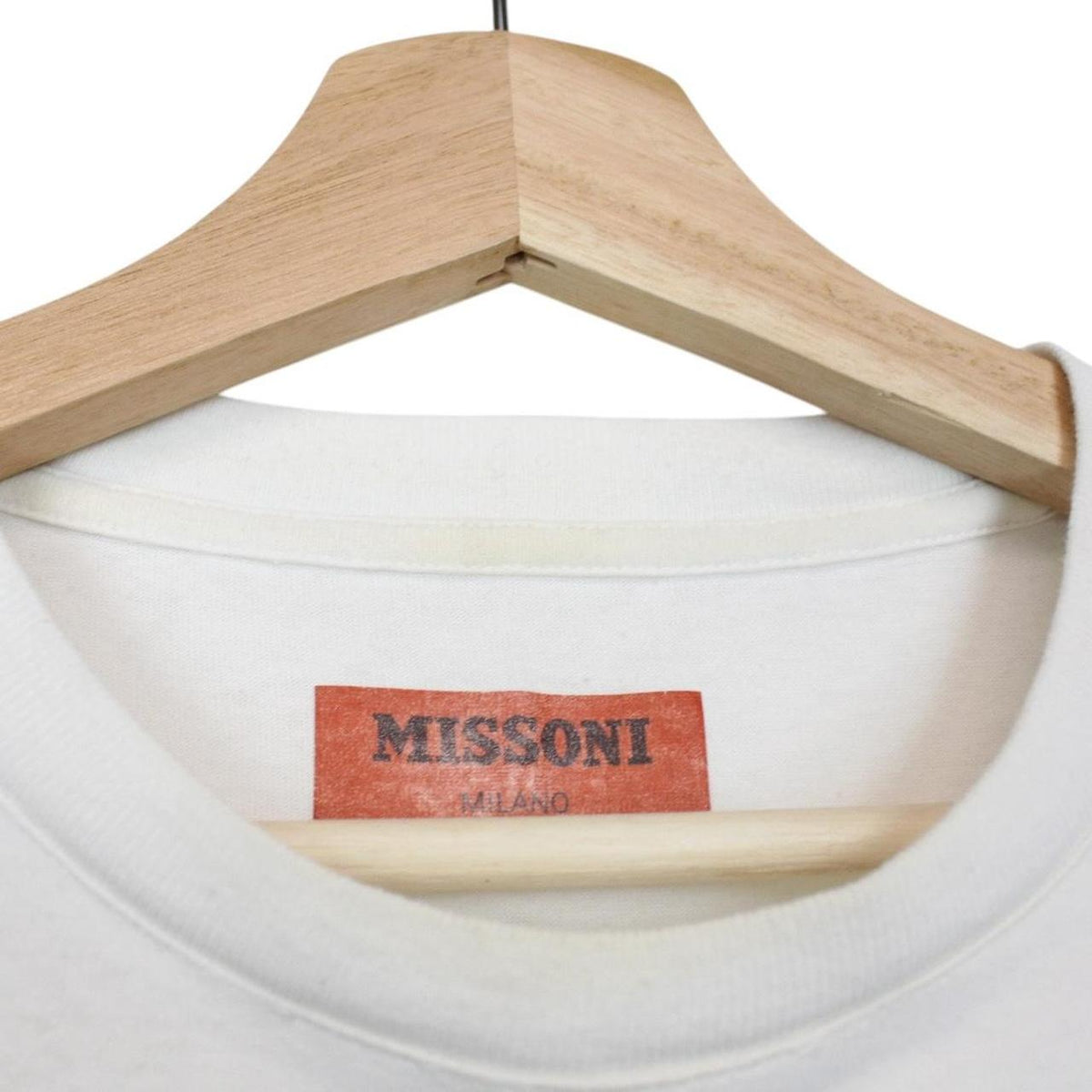 Missoni white cotton t-shirt with abstract logo print and pocket detail.