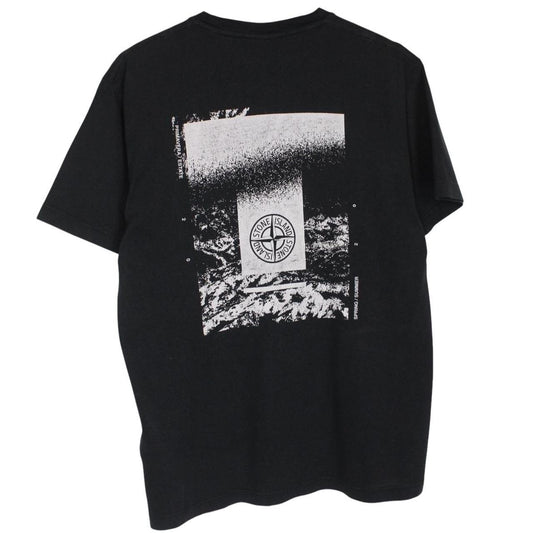 Stone Island black short sleeve t-shirt with logo print on chest and cotton material.