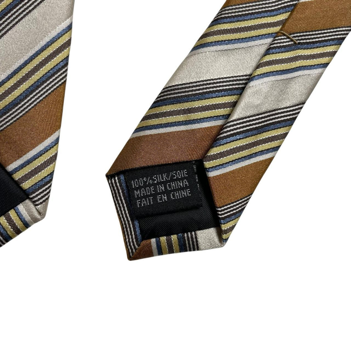 Balmain multicoloured striped silk tie featuring bold stripes in beige, blue, brown, and yellow.
