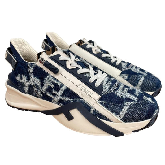 Fendi Flow Navy Blue and Cream Fabric and Leather Trainers