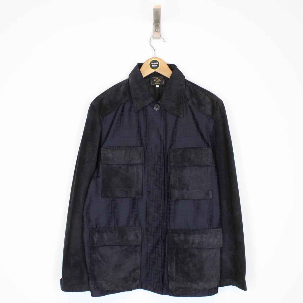 Vintage 90s Fendi Grey and Navy Blue Zucca Monogram Nylon and Velour Jacket