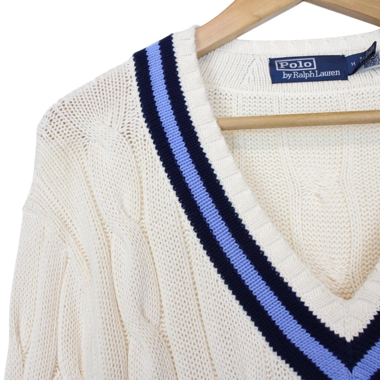 Polo Ralph Lauren Cream and Blue The Iconic Cricket Cotton Cable Knit Jumper