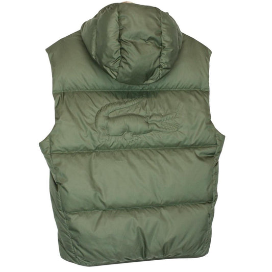 Lacoste khaki green bodywarmer full zip with signature crocodile logo and water-repellent material.
