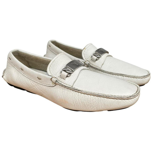 Prada Cream and Silver Logo Pebbled Leather Driving Shoe Loafers