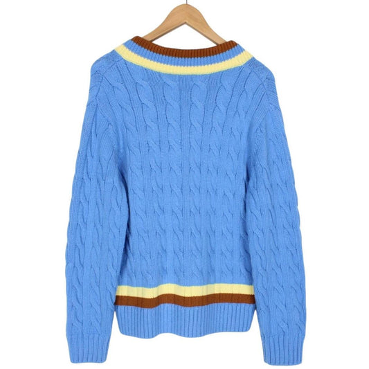 Lacoste Blue Wool Blend Cable Knit V-Neck Sweater Jumper