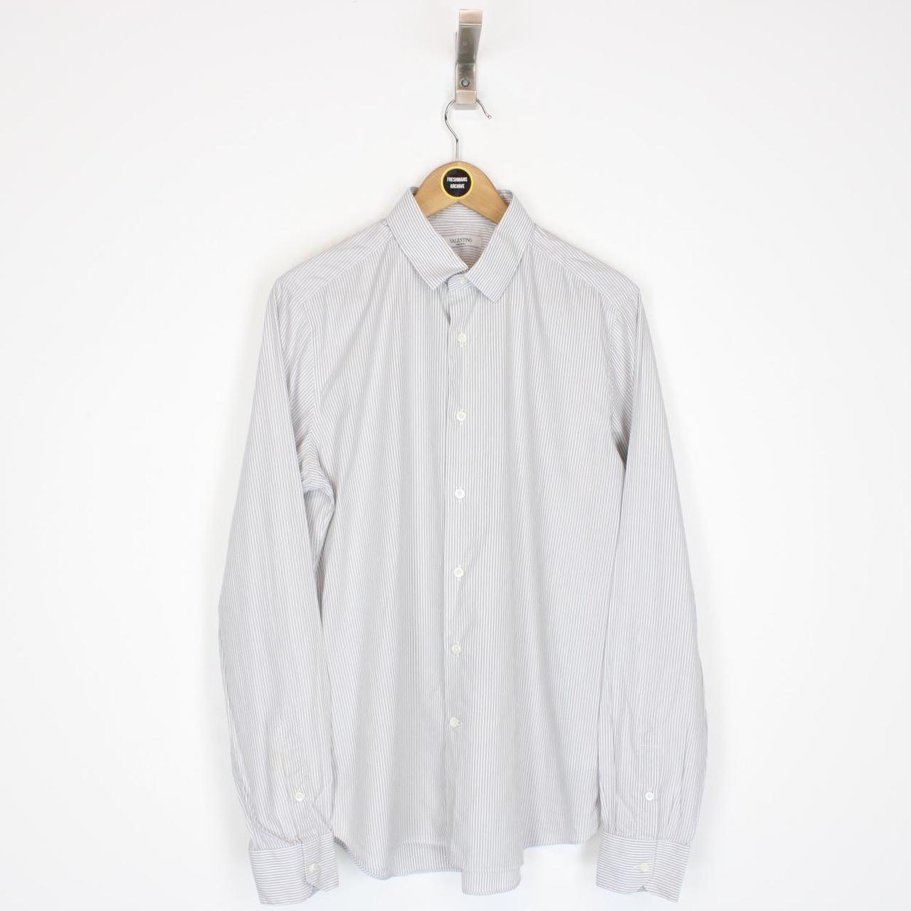 Valentino White and Grey Striped Long Sleeve Cotton Formal Shirt