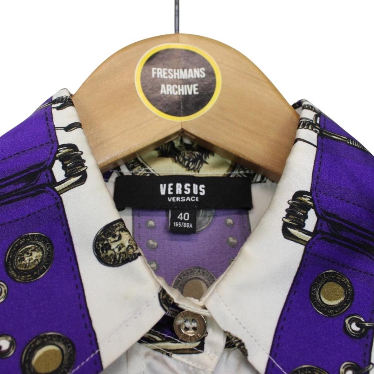Versus Versace Cream and Purple Long Sleeve Belt Print Silk Shirt