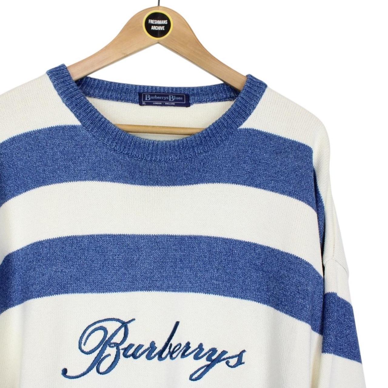 Vintage 90s Burberry Blues Cream and Blue Striped Cotton Knit Jumper
