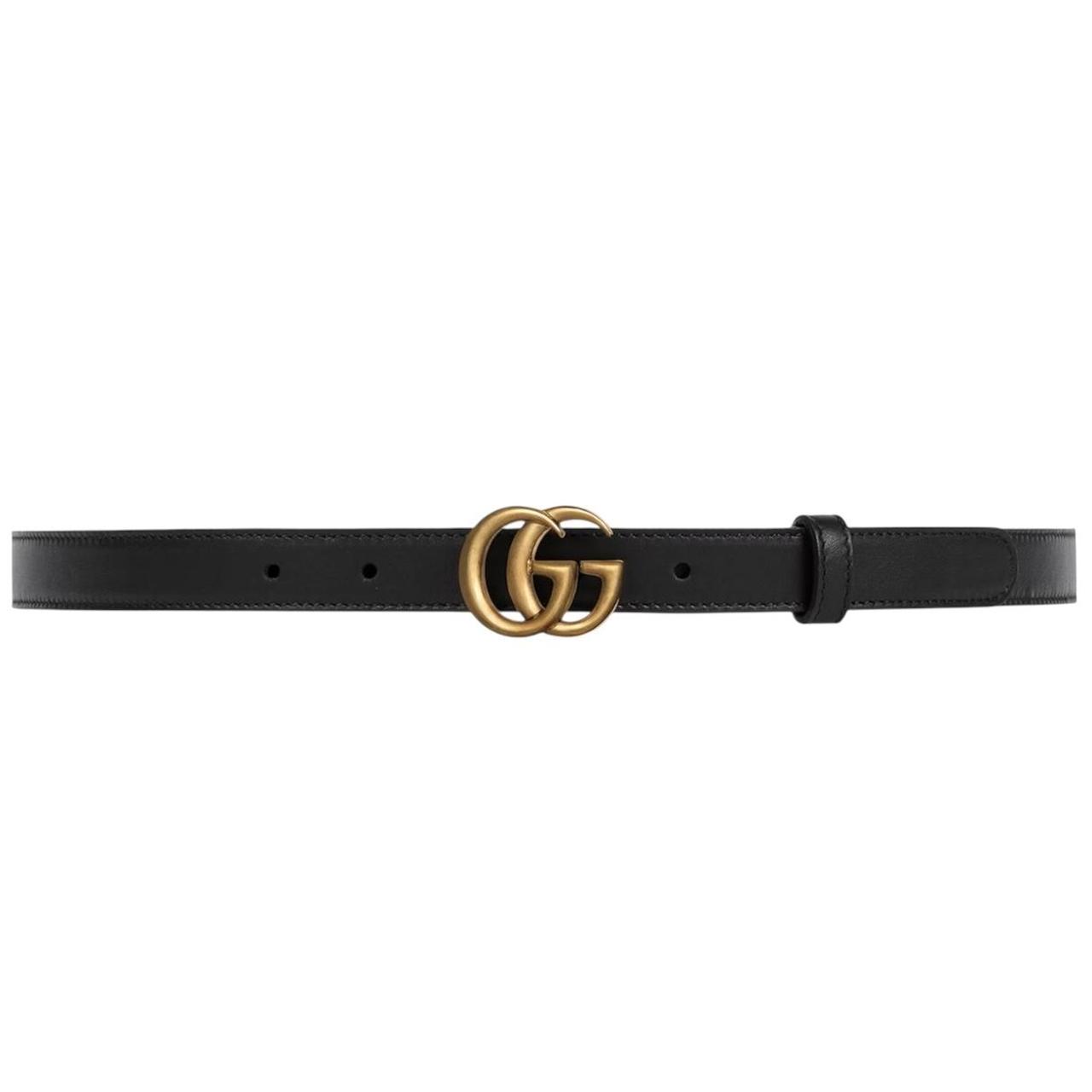 Gucci Black and Antique Brass Marmont Thin Leather Belt with GG Buckle