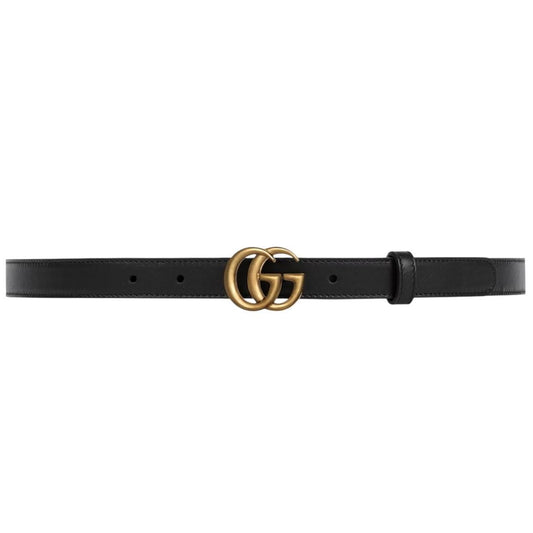Gucci Black and Antique Brass Marmont Thin Leather Belt with GG Buckle