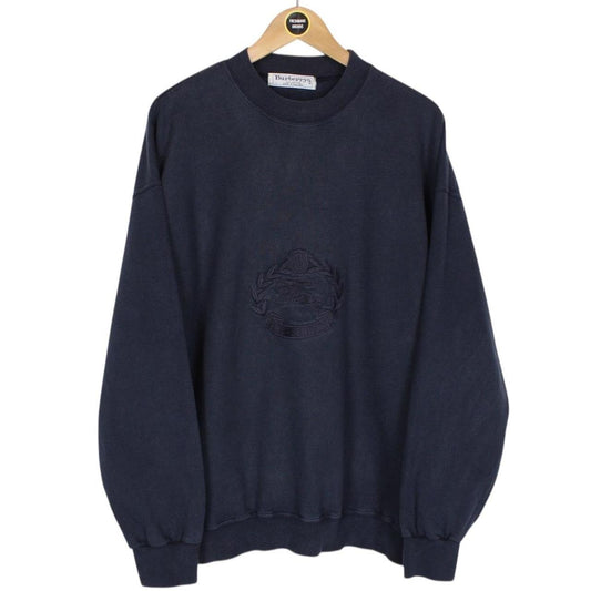 Vintage 90s Burberry Navy Blue Logo Embroidered Sweatshirt Jumper
