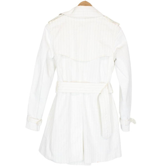Burberry London White Pinstripe Double Breasted Belted Trench Coat